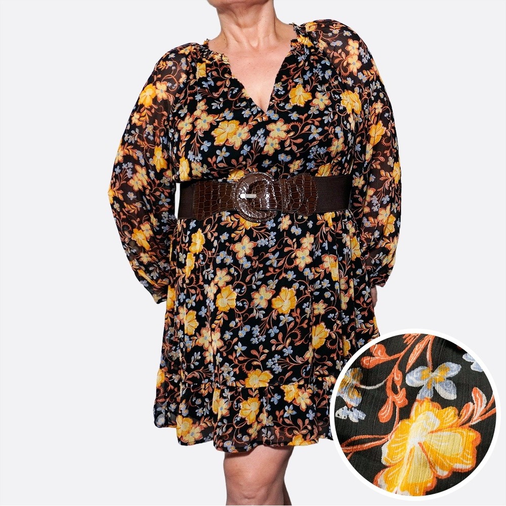 Dark Floral Chiffon Mini Dress Plus Size 0X L Long Sleeve Flowy Cocktail Party